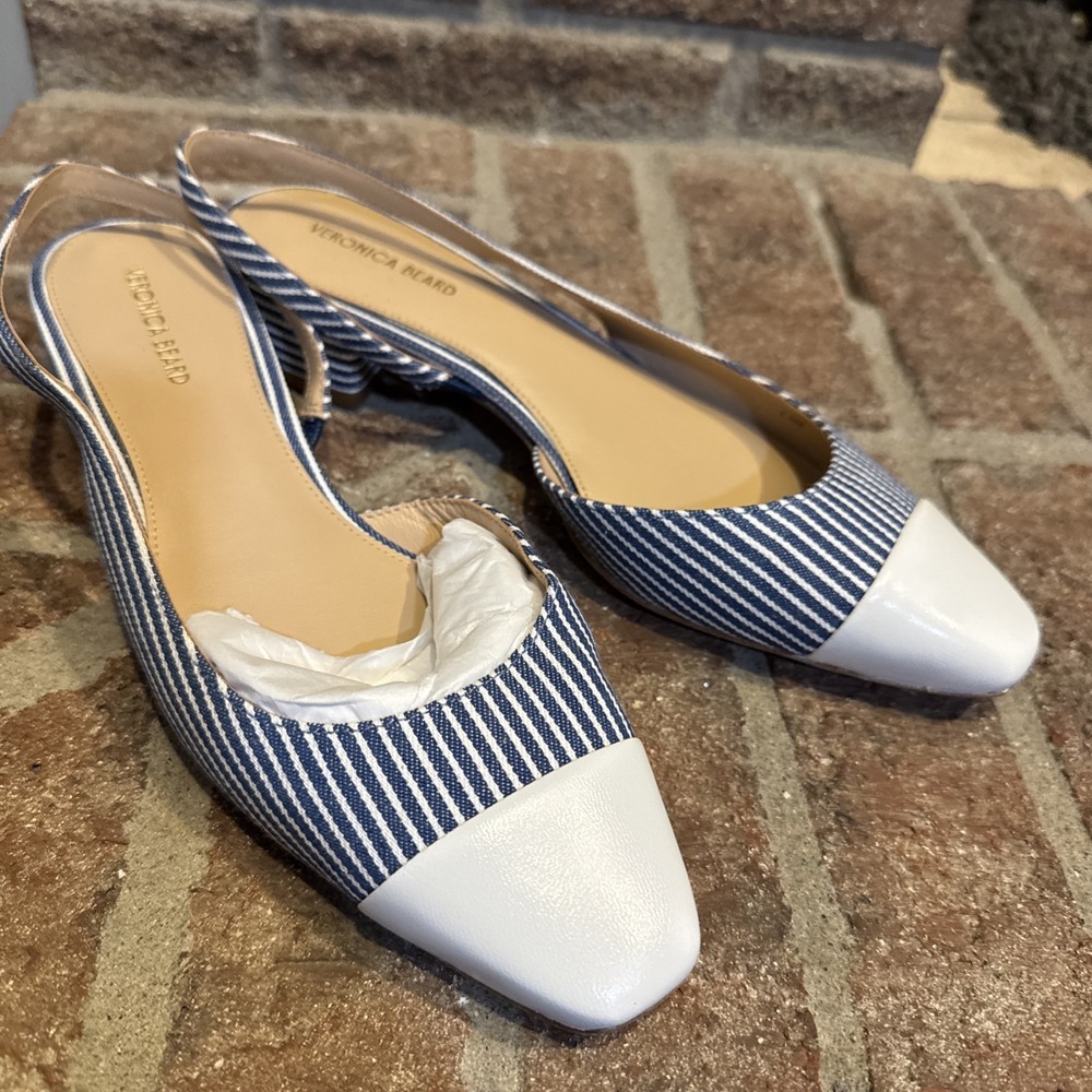 Veronica Beard Cecile Leather Canvas Woman Sz 7.5 Blue Stripe Slingback #820